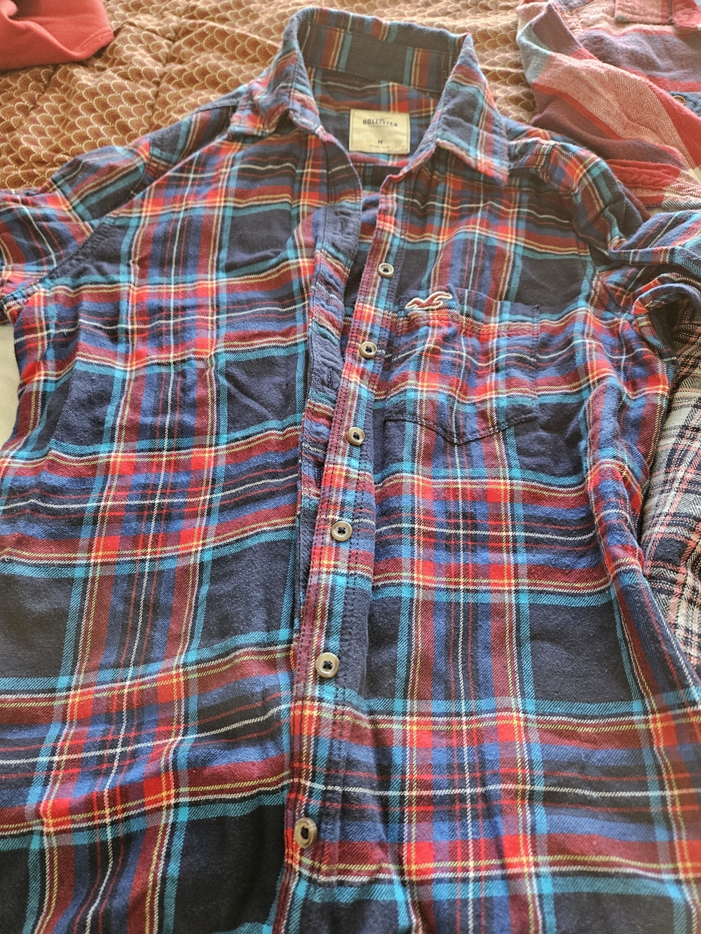 Hollister Men's Navy, Red & Teal Plaid Button-Down Shirt